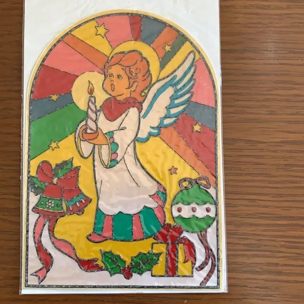 Vtg 70s instant‎ stained glass Christmas scene in packaging